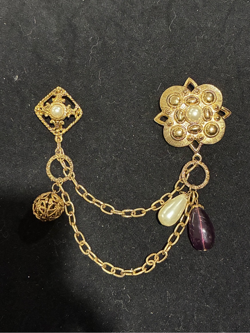 Vintage Gold Tone Chatelaine Double Pin Brooch